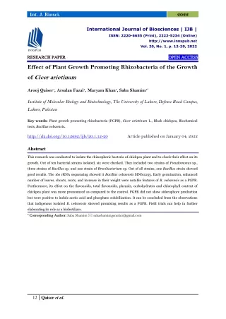 Effect of Plant Growth Promoting Rhizobacteria of the Growth of Cicer arietinum