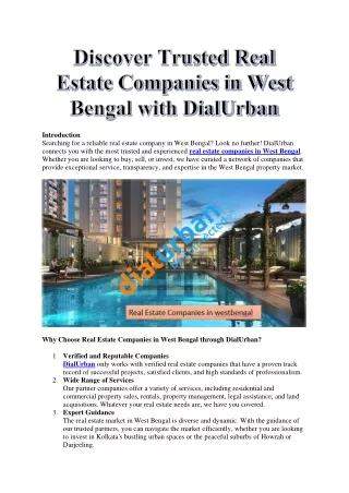 Discover Trusted Real Estate Companies in West Bengal with DialUrban