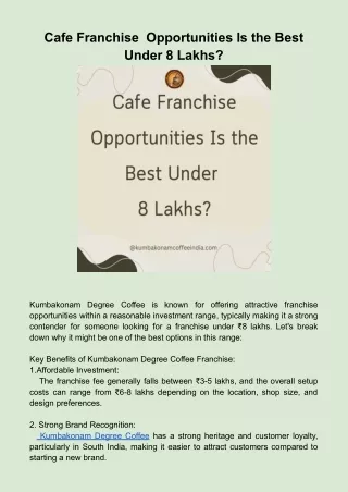 Cafe Franchise  Opportunities Is the Best Under 8 Lakhs