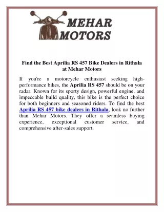Find the Best Aprilia RS 457 Bike Dealers in Rithala at Mehar Motors