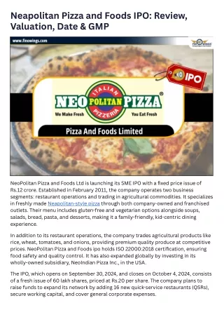 Neapolitan Pizza and Foods IPO Review, Valuation, Date & GMP