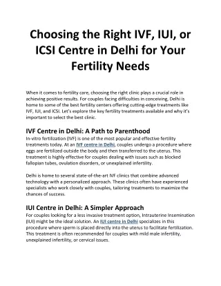 Choosing the Right IVF  IUI or ICSI Centre in Delhi for Your Fertility Needs