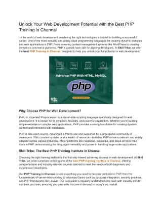 Unlock Your Web Development Potential with the Best PHP Training in Chennai