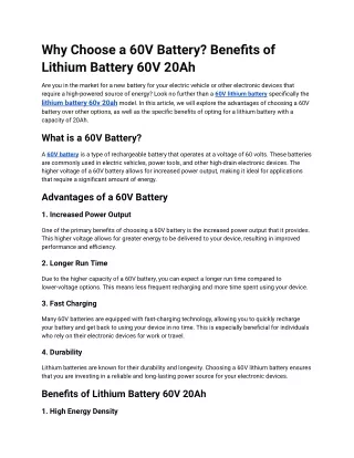 Why Choose a 60V Battery? Benefits of Lithium Battery 60V 20Ah