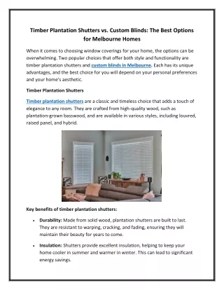 Timber Plantation Shutters vs. Custom Blinds The Best Options for Melbourne Homes