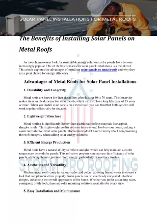 The Benefits of Installing Solar Panels on Metal Roofs
