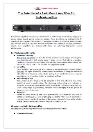 Pure Resonance Audio - The Potential of a Rack Mount Amplifier for Professional Use