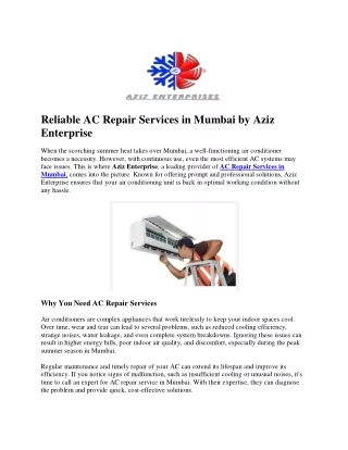 Reliable AC Repair Services in Mumbai by Aziz Enterprise