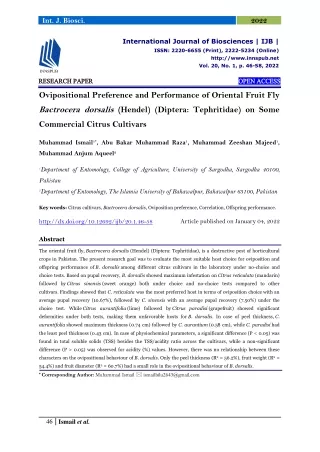 Ovipositional Preference and Performance of Oriental Fruit Fly Bactrocera dorsal