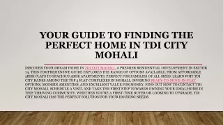 Your Guide to Finding the Perfect Home in TDI City Mohali