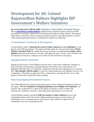 Colonel Rajyavardhan Rathore Highlights BJP Government's Welfare Initiatives