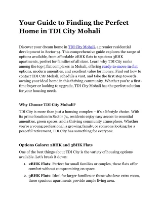 Your Guide to Finding the Perfect Home in TDI City Mohali