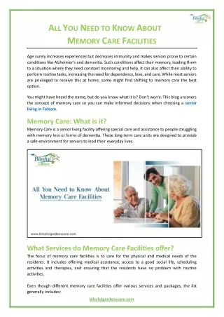 All You Need to Know About Memory Care Facilities