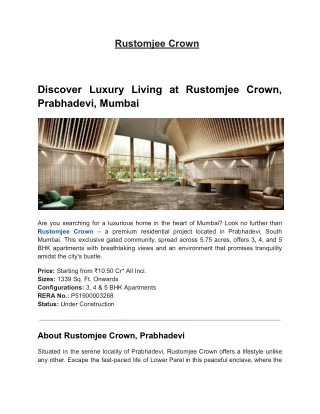3, 4, 5 BHK Luxury Apartments for Sale in Rustomjee Crown Prabhadevi, Mumbai