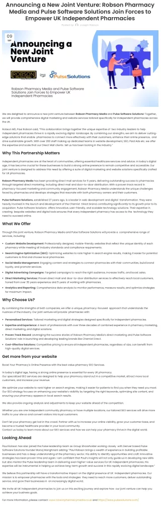 Announcing a New Joint Venture Robson Pharmacy Media and Pulse Software Solutions Join Forces to Empower UK Independent