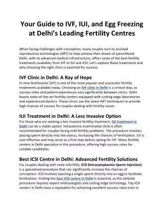 Your Guide to IVF IUI and Egg Freezing at Delhi’s Leading Fertility Centres