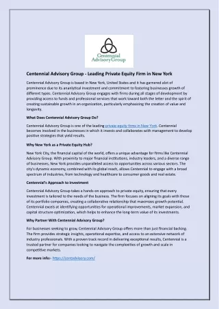 Private Equity Firms in New York | Centennial Advisory Group Leading the Way