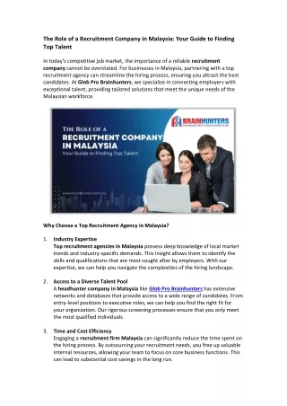 The Role of a Recruitment Company in Malaysia Your Guide to Finding Top Talent