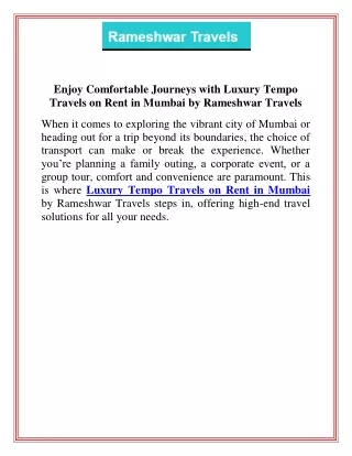 Enjoy Comfortable Journeys with Luxury Tempo Travels on Rent in Mumbai by Rameshwar Travels