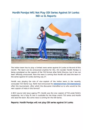 Hardik Pandya Will Not Play ODI Series Against Sri Lanka_ IND vs SL Reports