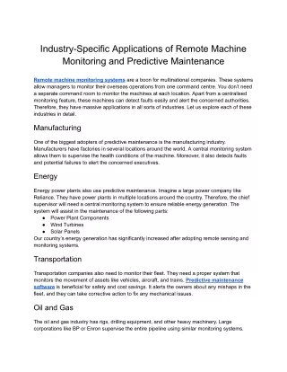 Prescient- Industry-Specific Applications of Remote Machine Monitoring and Predictive Maintenance
