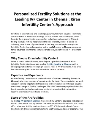 Personalized Fertility Solutions at the Leading IVF Center in Chennai Kiran Infertility Center’s Approach