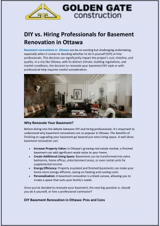 DIY vs. Hiring Professionals for Basement Renovation in Ottawa