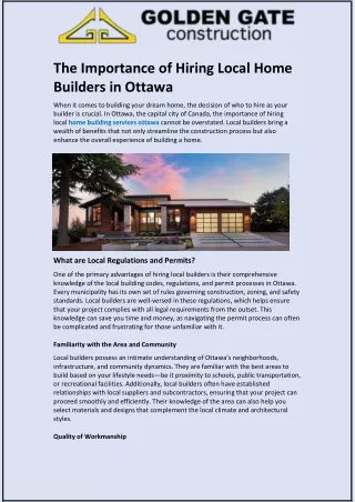 The Importance of Hiring Local Home Builders in Ottawa
