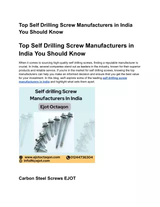 Top Self Drilling Screw Manufacturers in India You Should Know - EjotOctaqon