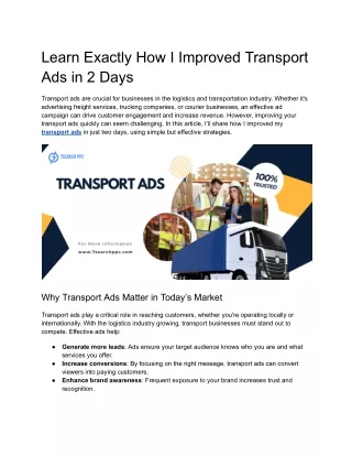 Learn Exactly How I Improved Transport Ads in 2 Days