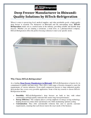 Deep Freezer Manufacturer in Bhiwandi for Optimal Cooling Solutions