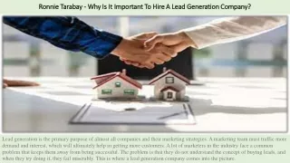 Ronnie Tarabay - Why Is It Important To Hire A Lead Generation Company