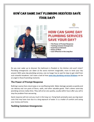 How Can Same Day Plumbing Services Save Your Day?