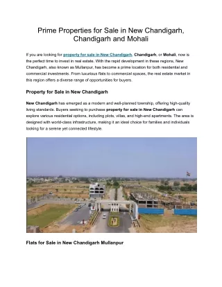 Prime Properties for Sale in New Chandigarh, Chandigarh and Mohali