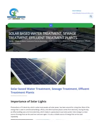 Solar Power based Water Treatment, Sewage Treatment, Effluent Treatment Plants