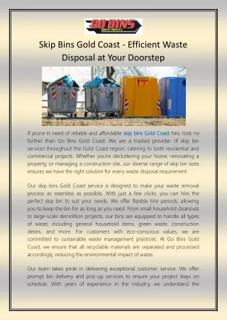 Skip Bins Gold Coast - Efficient Waste Disposal at Your Doorstep