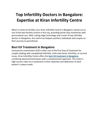 Top Infertility Doctors in Bangalore Expertise at Kiran Infertility Centre