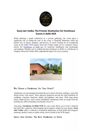 Saroj Jain Vatika: Best Farmhouse in Gurgaon for Your Perfect Escape
