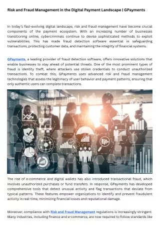 Risk and Fraud Management in the Digital Payment Landscape  GPayments