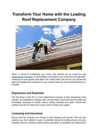 Transform Your Home with the Leading Roof Replacement Company