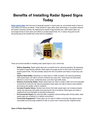 Benefits of Installing Radar Speed Signs Today