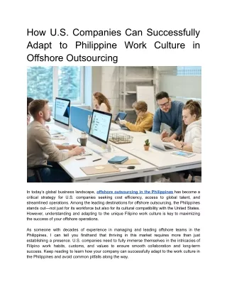 How U.S. Companies Can Successfully Adapt to Philippine Work Culture in Offshore Outsourcing