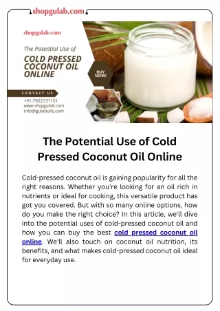 The Potential Use of Cold Pressed Coconut Oil Online