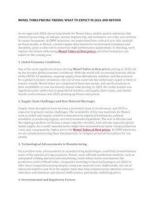 MONEL TUBES PRICING TRENDS WHAT TO EXPECT IN 2024 AND BEYOND