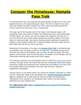 Conquer the Himalayas Hampta Pass Trek