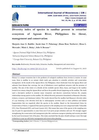 Diversity index of species in sandbar present in estuarine ecosystem of Agusan