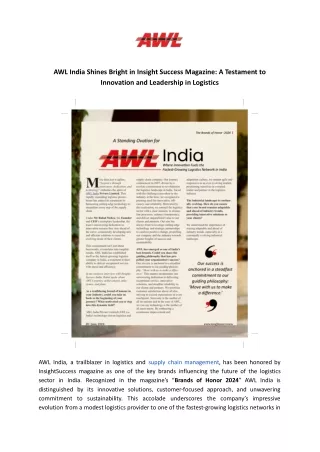 AWL India Shines Bright in Insight Success Magazine_ A Testament to Innovation and Leadership in Logistics