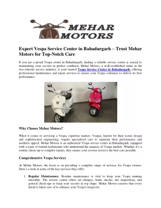 Expert Vespa Service Center in Bahadurgarh – Trust Mehar Motors for Top-Notch Ca