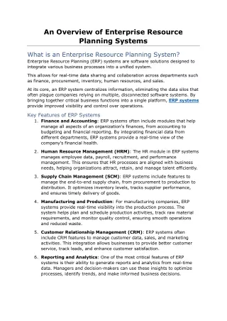 An Overview of Enterprise Resource Planning Systems