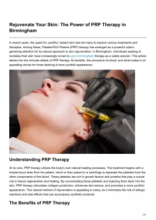 Rejuvenate Your Skin The Power of PRP Therapy in Birmingham